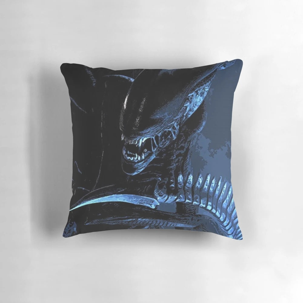 Striking xenomorph monster design on a black and white decorative pillow
