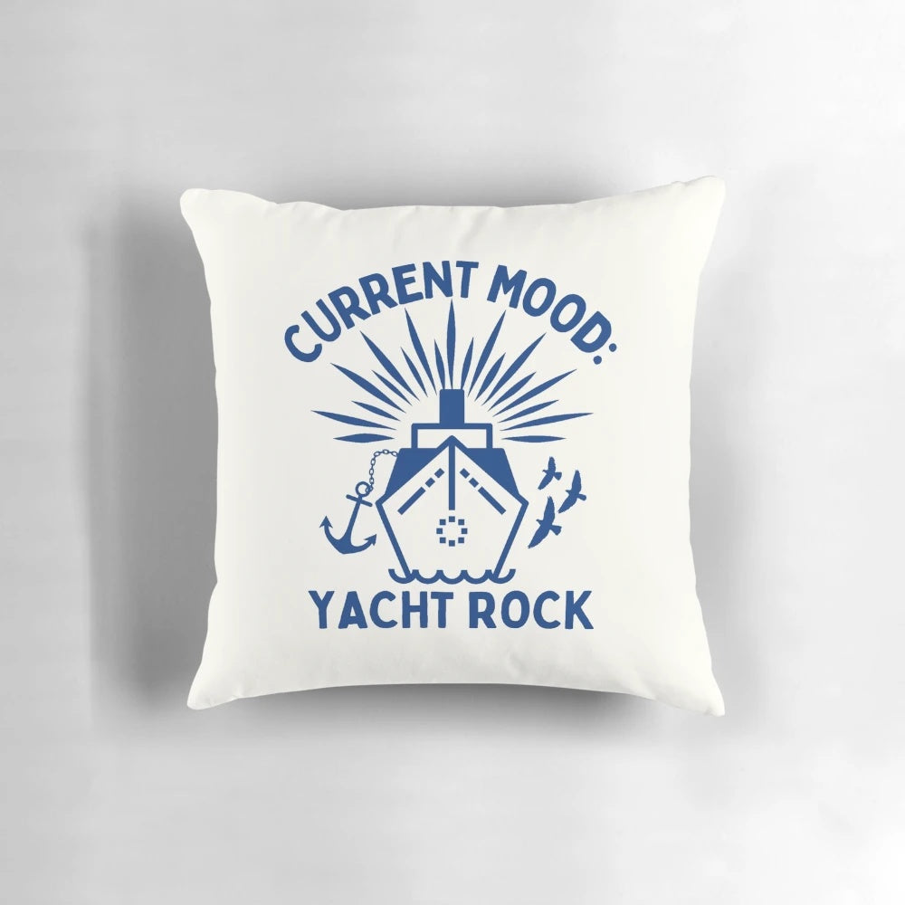 Navy blue throw pillow with "Current Mood: Yacht Rock" text, perfect for yacht rock enthusiasts