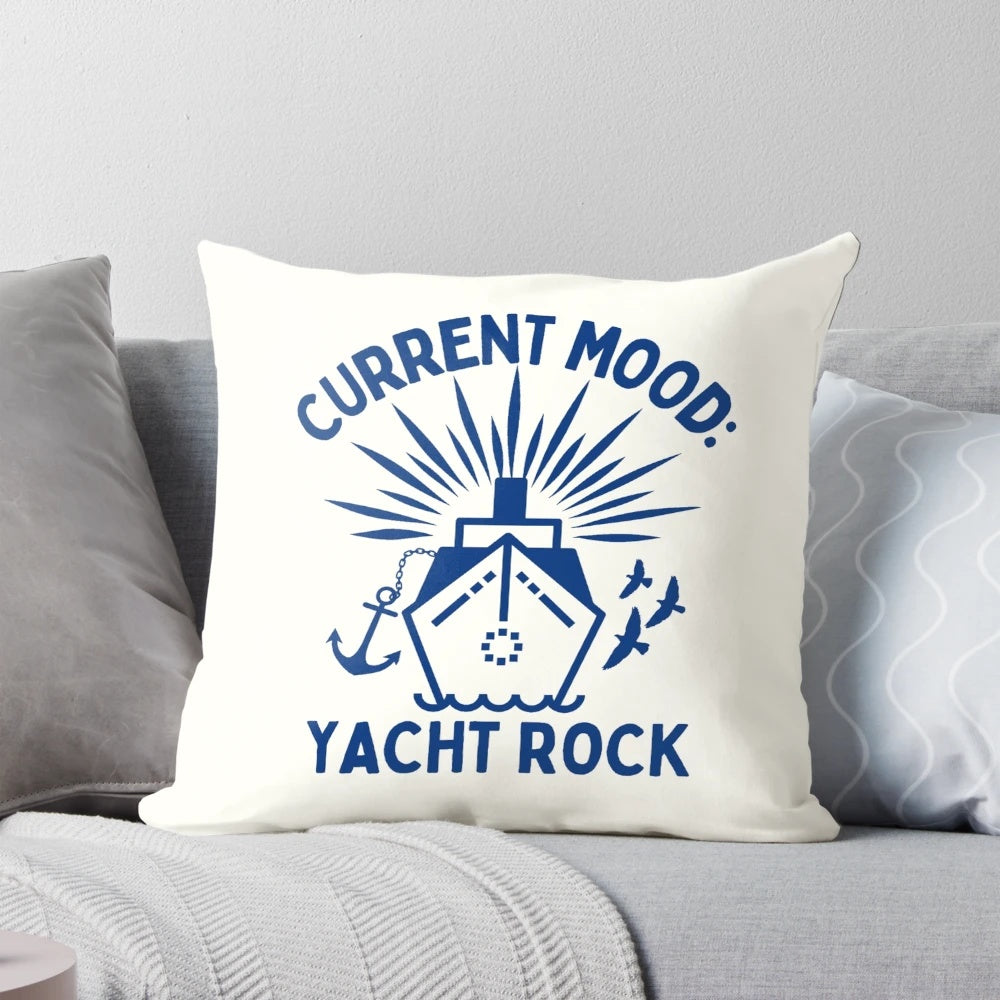 Navy blue throw pillow with "Current Mood: Yacht Rock" text, perfect for yacht rock enthusiasts