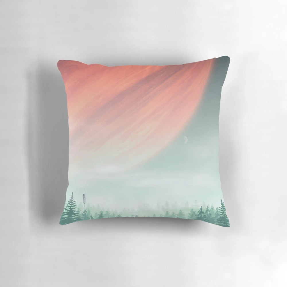 A plush, high-quality pillow featuring the iconic Rebel Base from the Star Wars universe on the planet Yavin 4.