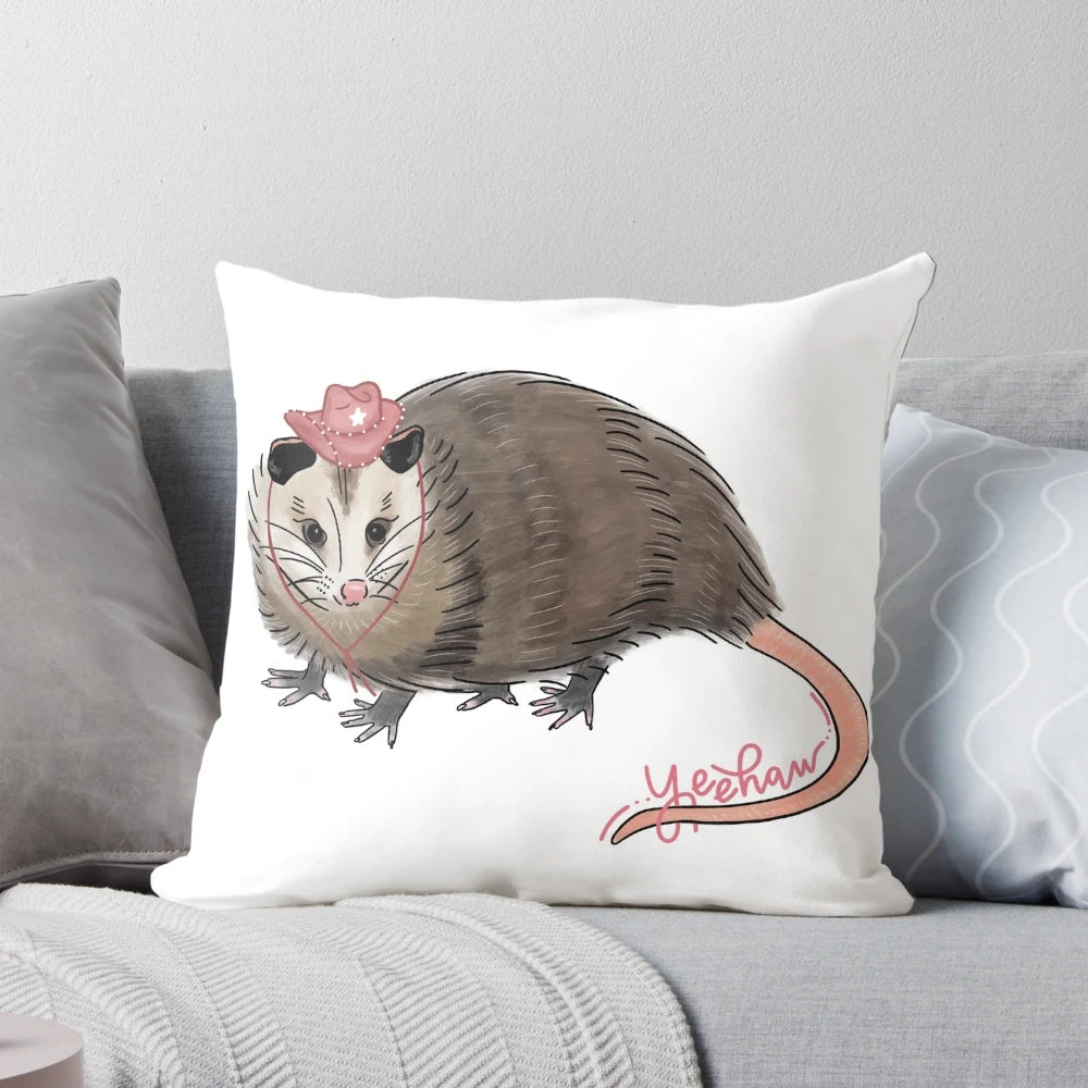 Yeehaw Possum Throw Pillow - Adorable Opossum Cushion for Cowboy and Cowgirl Home Decor
