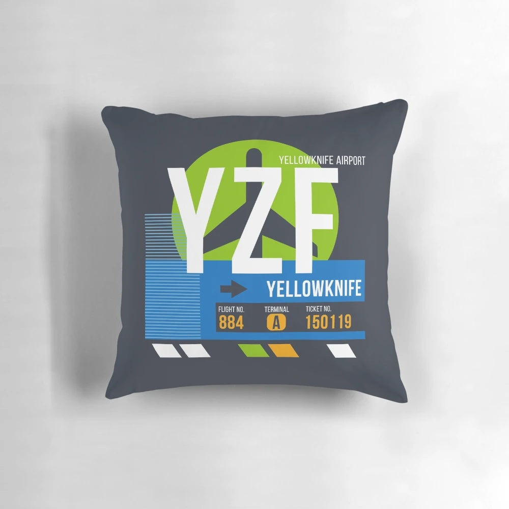 Yellowknife Airport (YZF) Baggage Tag Pillow - Unique Travel Decor and Gifts for World Travelers and Frequent Flyers