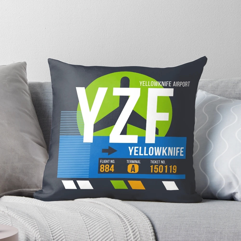 Yellowknife Airport (YZF) Baggage Tag Pillow - Unique Travel Decor and Gifts for World Travelers and Frequent Flyers