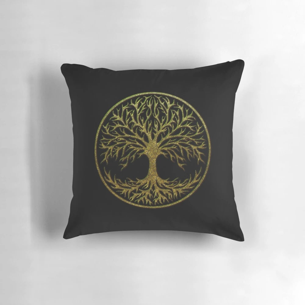 A decorative throw pillow featuring the Yggdrasil, the Celtic Tree of Life, a symbol of nature and Nordic culture.