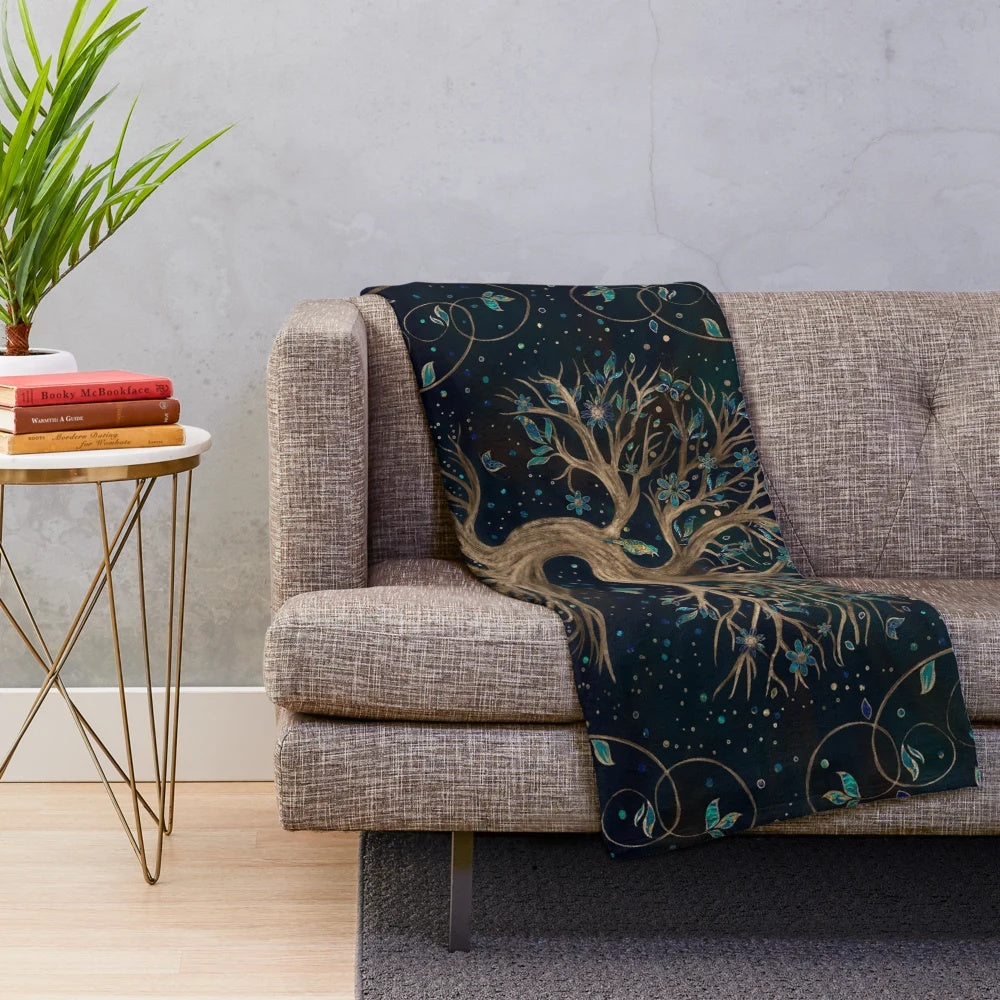 Yggdrasil-inspired plush blanket featuring the mythical tree of life