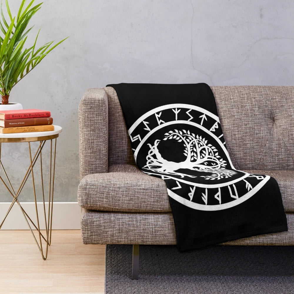 Yggdrasil Rune Circle Plush Blanket featuring Norse mythology symbols
