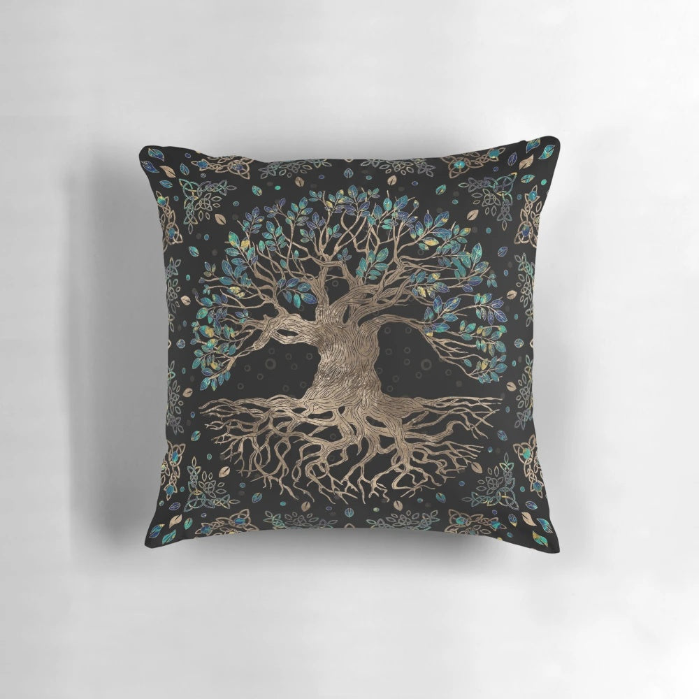 Decorative pillow featuring the Yggdrasil tree of life from Norse mythology, with golden and marble accents.