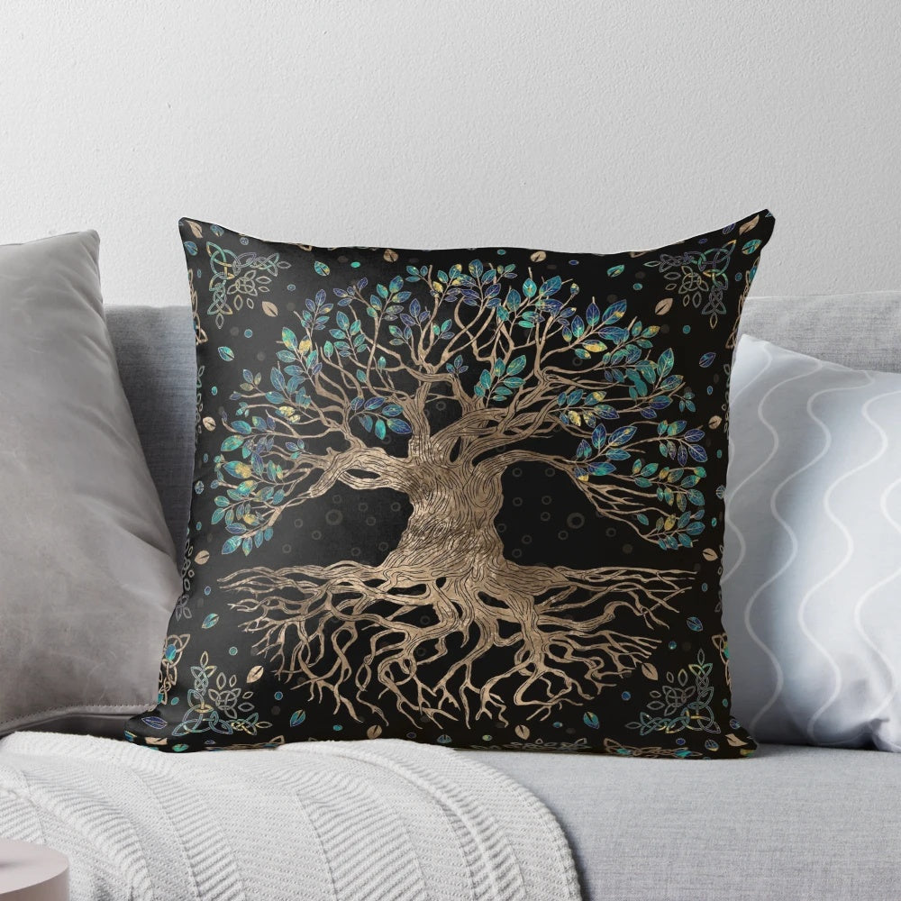 Decorative pillow featuring the Yggdrasil tree of life from Norse mythology, with golden and marble accents.