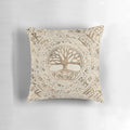 Yggdrasil, the sacred tree of life, depicted in a runic pattern on a decorative throw pillow for Nordic-inspired home decor.