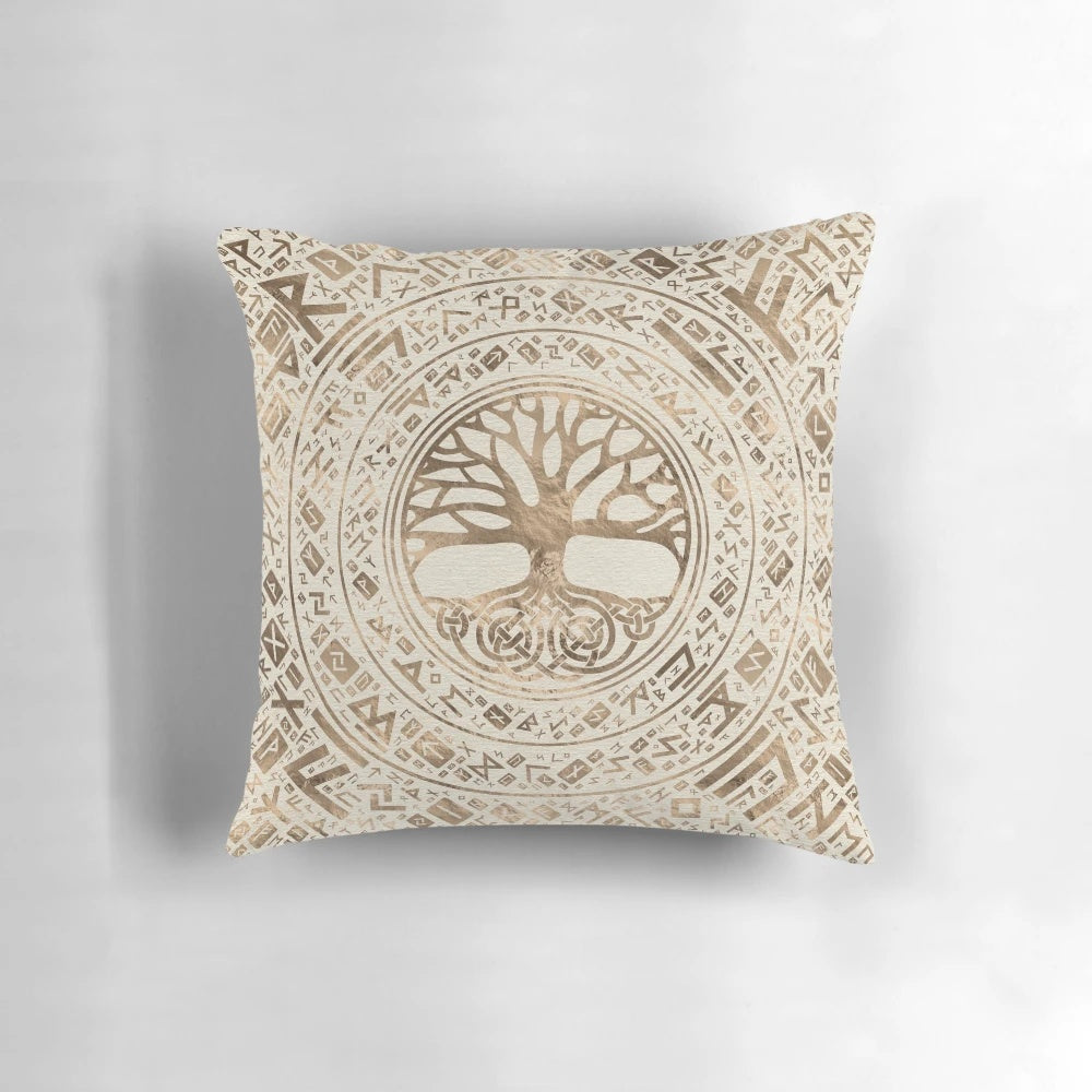 Yggdrasil, the sacred tree of life, depicted in a runic pattern on a decorative throw pillow for Nordic-inspired home decor.