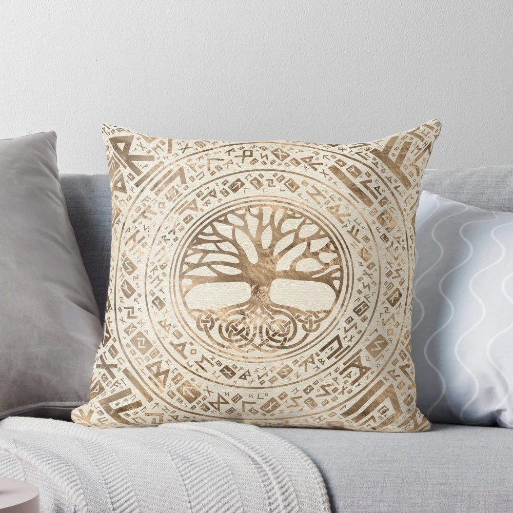 Yggdrasil, the sacred tree of life, depicted in a runic pattern on a decorative throw pillow for Nordic-inspired home decor.