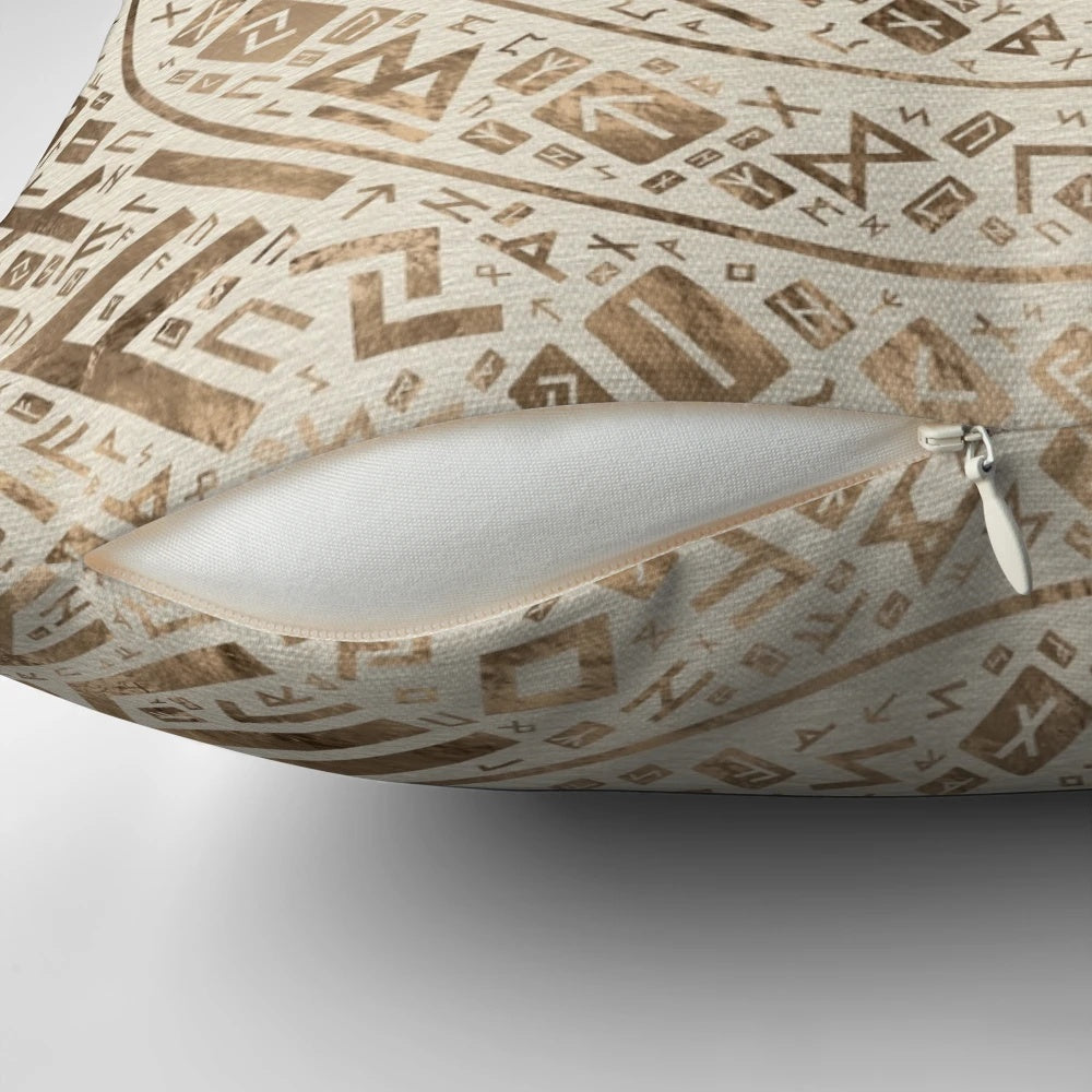 Yggdrasil, the sacred tree of life, depicted in a runic pattern on a decorative throw pillow for Nordic-inspired home decor.