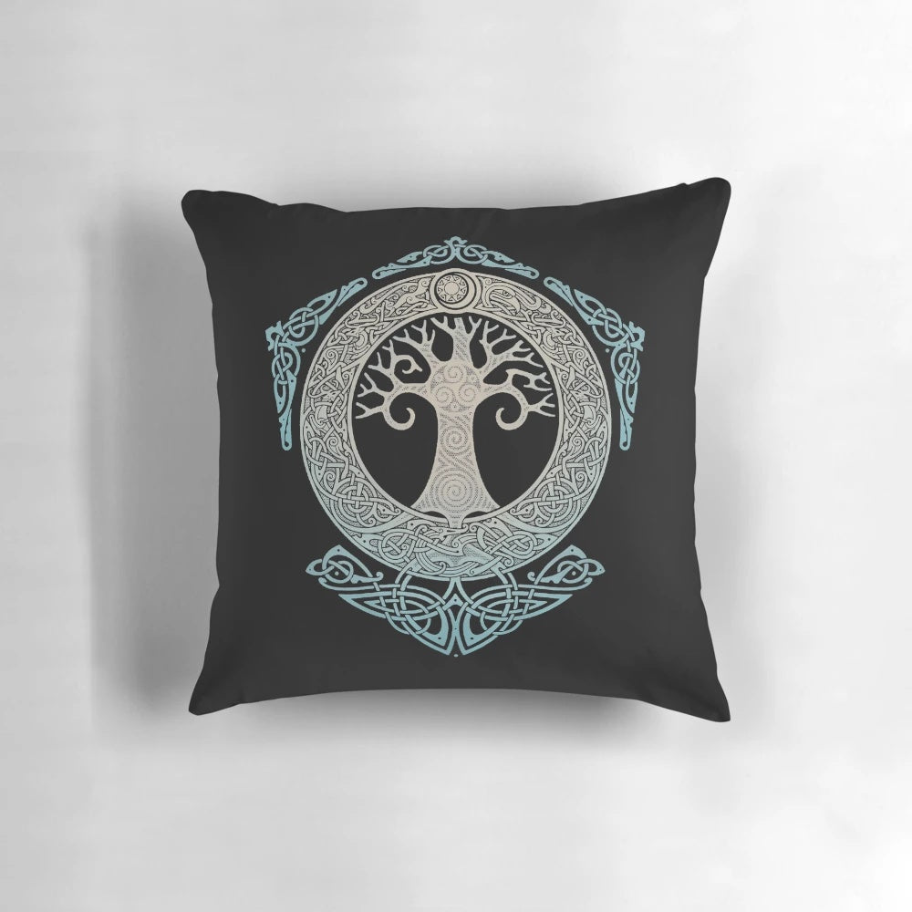 A decorative pillow featuring the Yggdrasil, the iconic Tree of Life from Norse mythology, in a modern geometric polygon design.