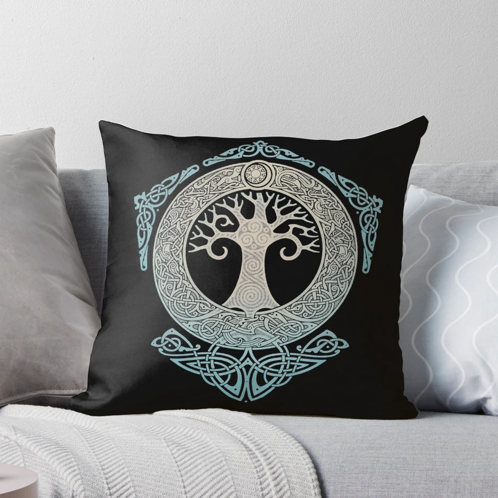 A decorative pillow featuring the Yggdrasil, the iconic Tree of Life from Norse mythology, in a modern geometric polygon design.