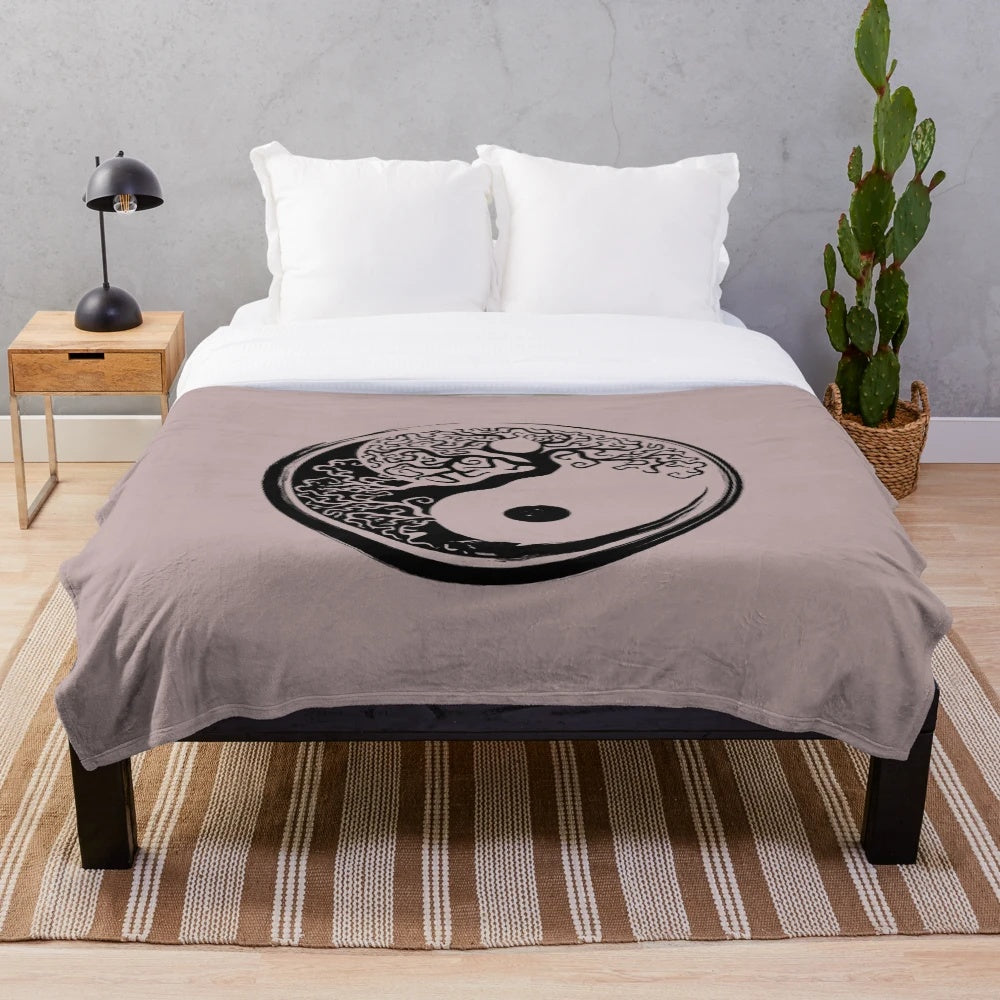 Soft and cozy yin yang plush blanket with bonsai tree design