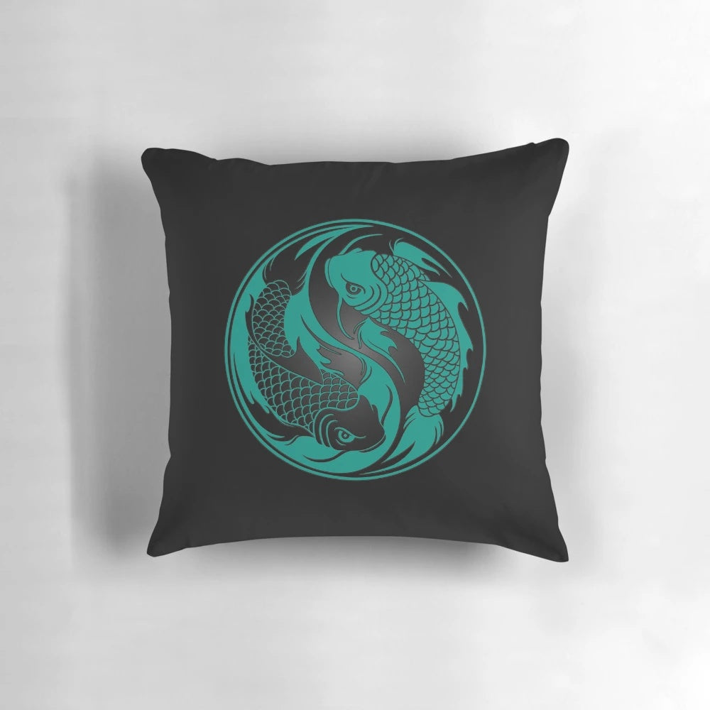 Yin Yang Koi Fish Decorative Throw Pillow in Teal Blue and Black
