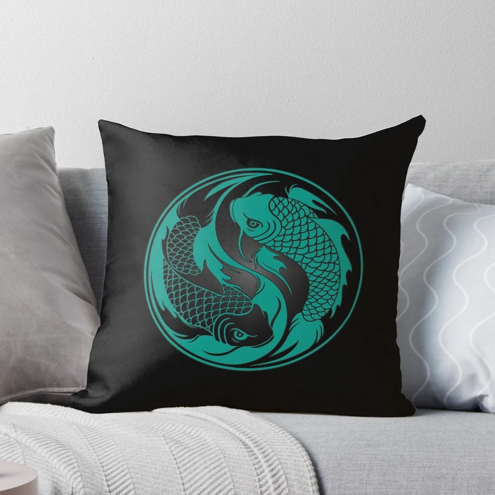 Yin Yang Koi Fish Decorative Throw Pillow in Teal Blue and Black