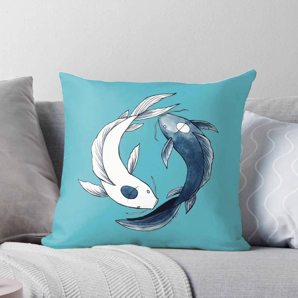 Yin Yang Koi Fish Pillow with Tui and La Inspired Design