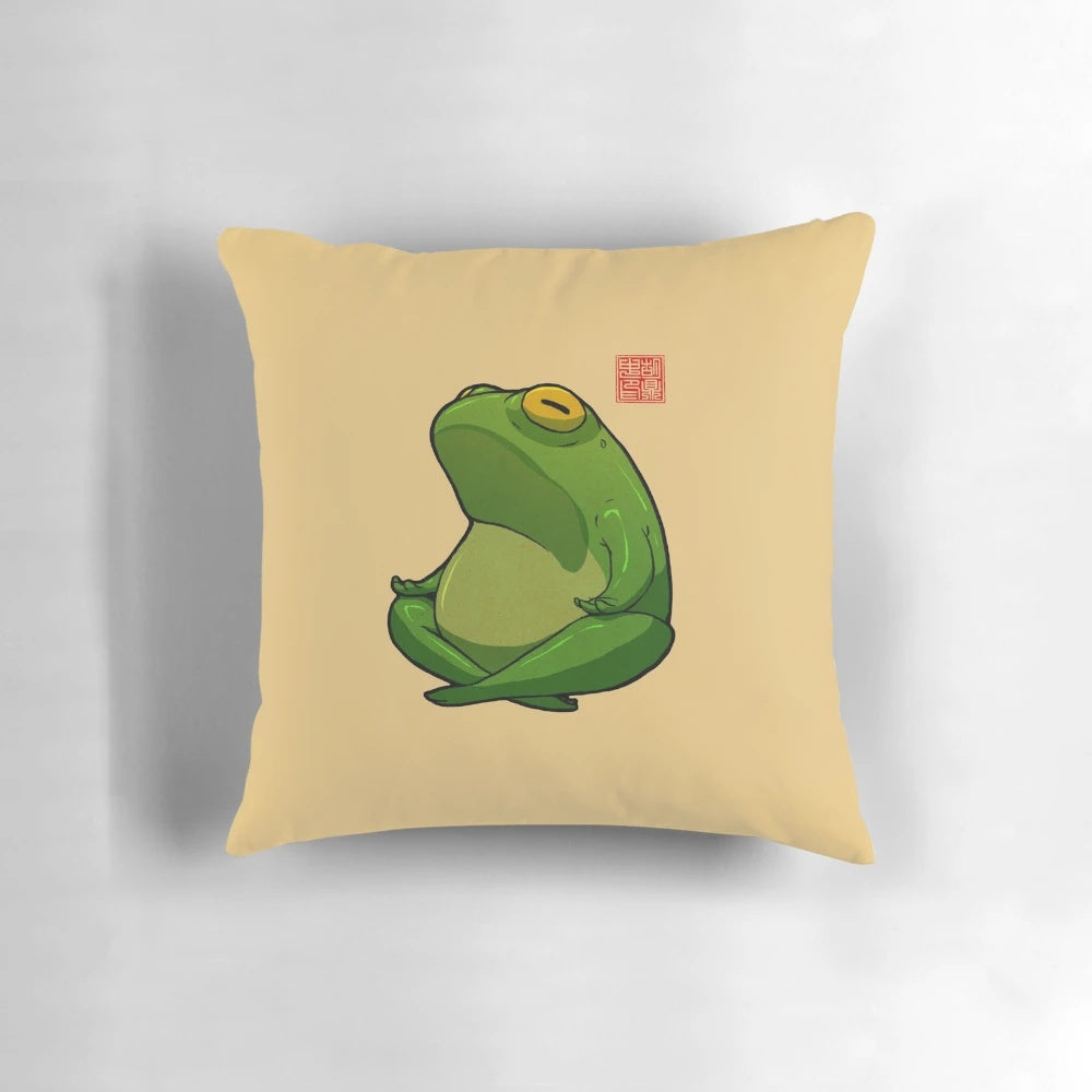 A round, cottagecore-inspired pillow featuring a cute frog design, perfect for practicing yoga's cross-legged Sukhasana pose.