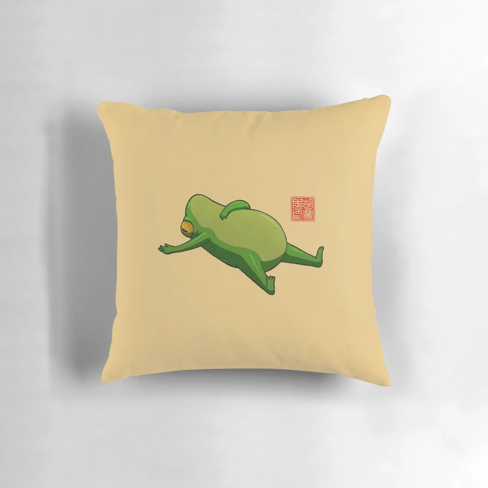 Yoga Frog Mood Pillow, a round, cute frog-themed pillow for relaxation and mindfulness