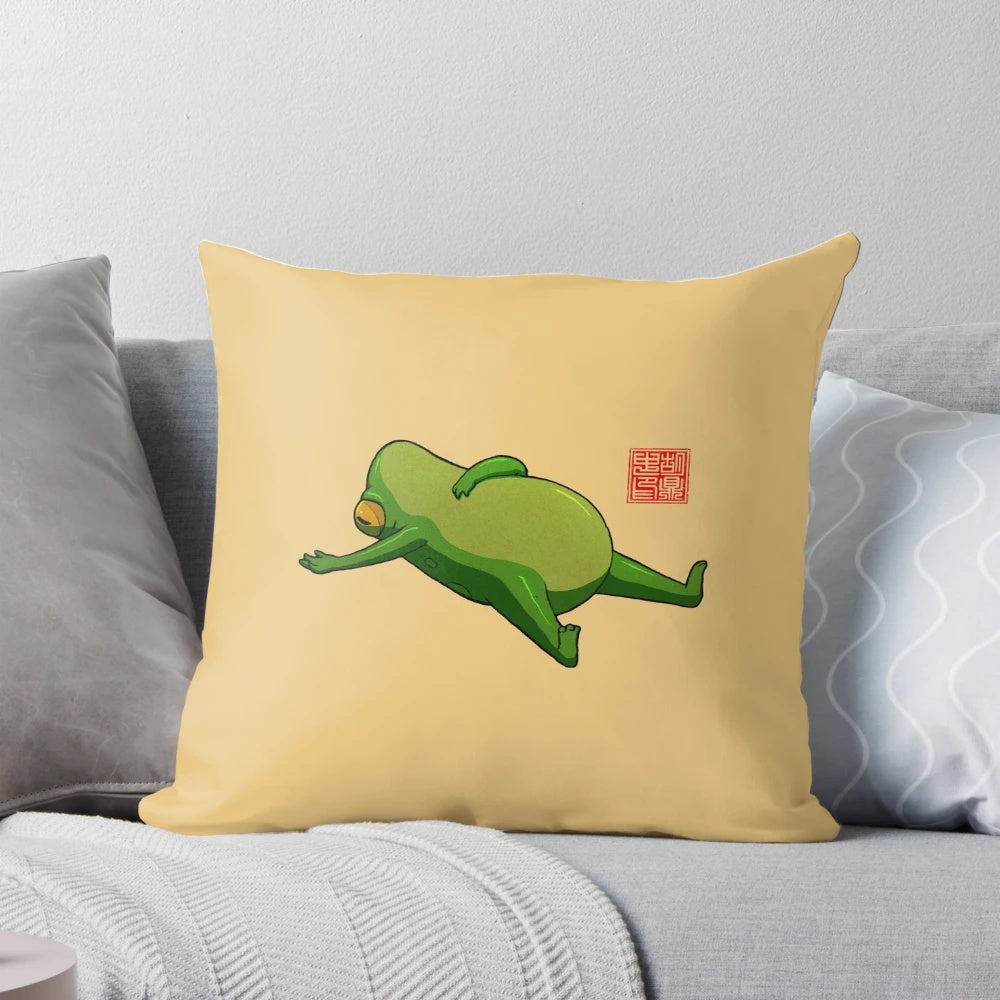 Yoga Frog Mood Pillow, a round, cute frog-themed pillow for relaxation and mindfulness