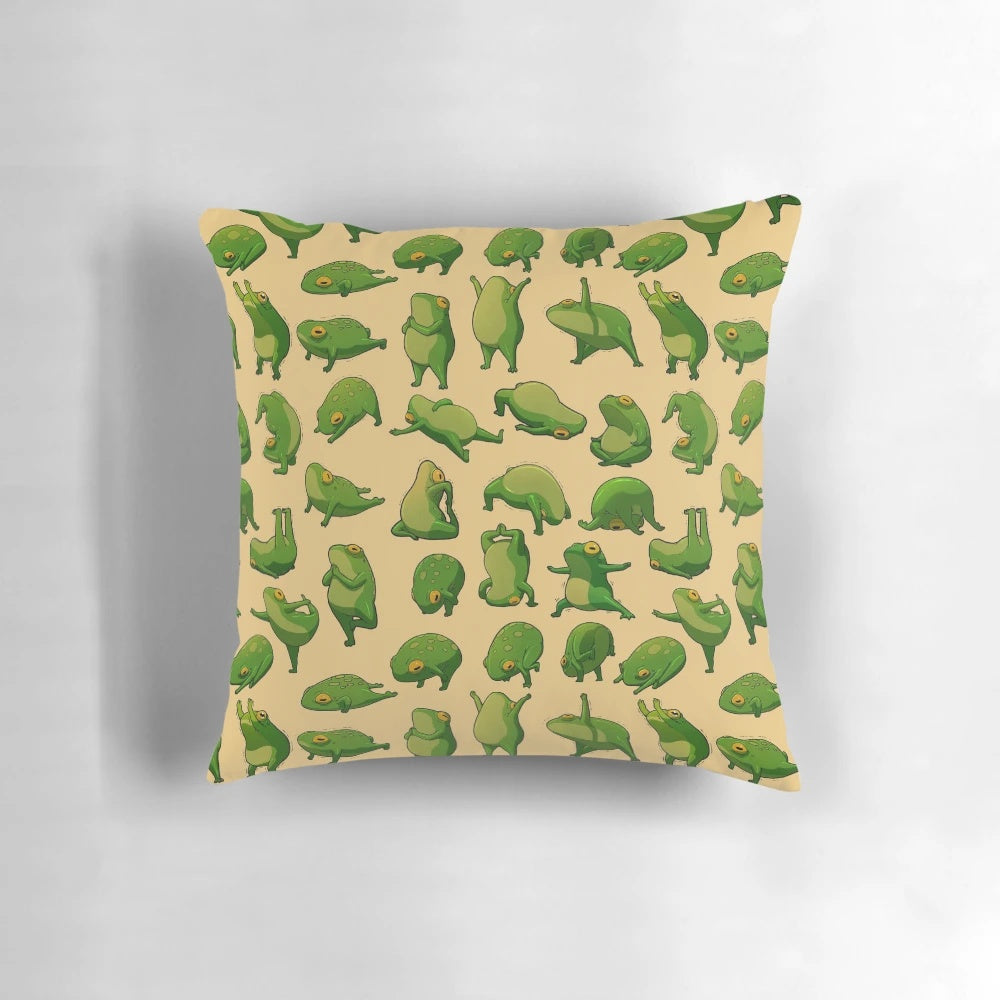 Yoga frogs decorative pillow with cute frog illustrations, perfect for home decor and meditation.