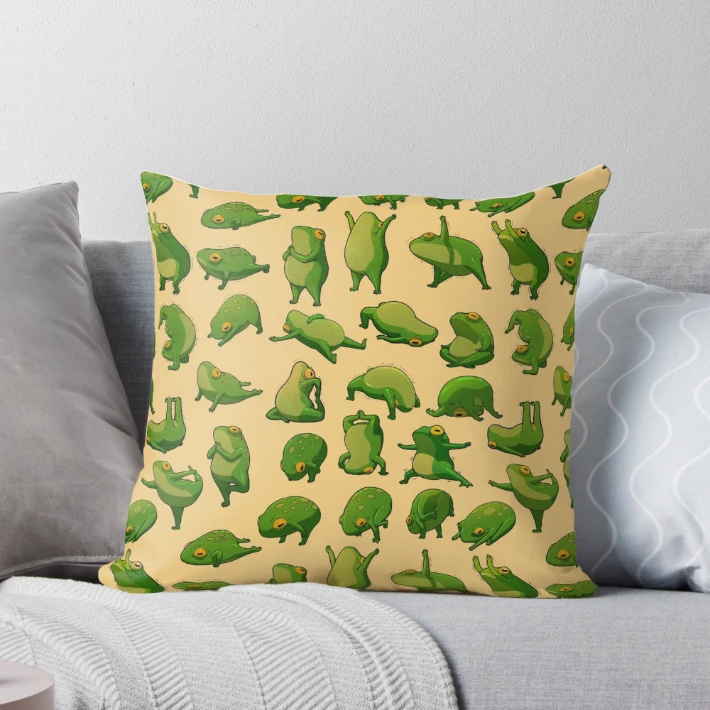 Adorable frog yoga pose pillow with text for cottagecore home or bedroom decor