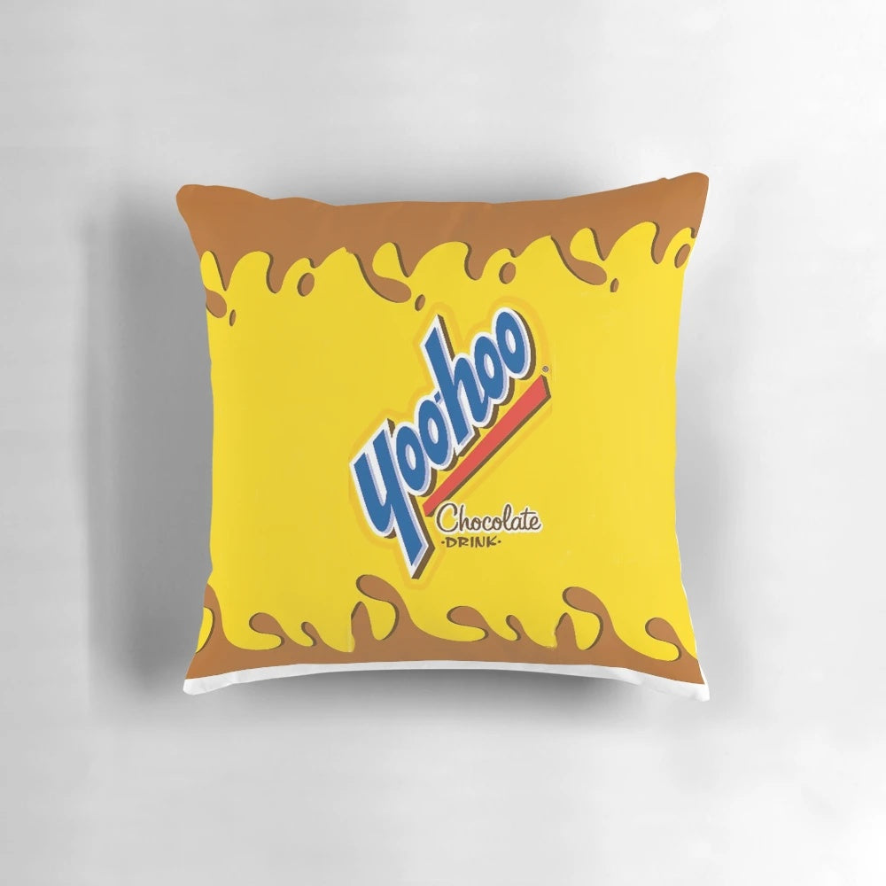 A soft, plush pillow designed to look like a carton of Yoohoo chocolate milk, featuring the iconic Yoohoo logo and chocolate milk color scheme.