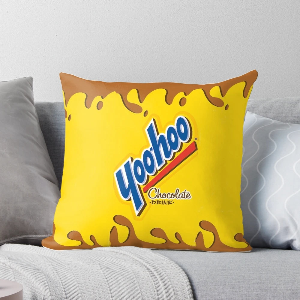 A soft, plush pillow designed to look like a carton of Yoohoo chocolate milk, featuring the iconic Yoohoo logo and chocolate milk color scheme.