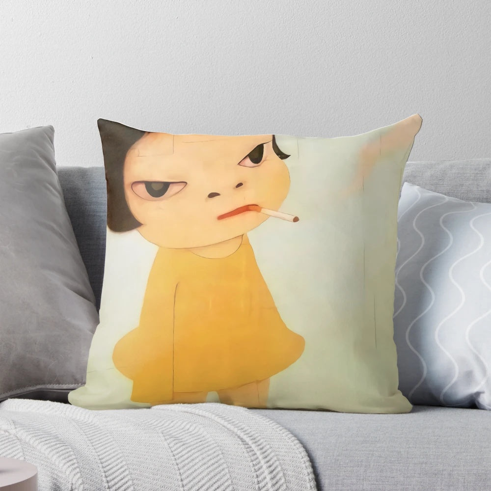 Pillow featuring Yoshitomo Nara's painting of a smoking girl
