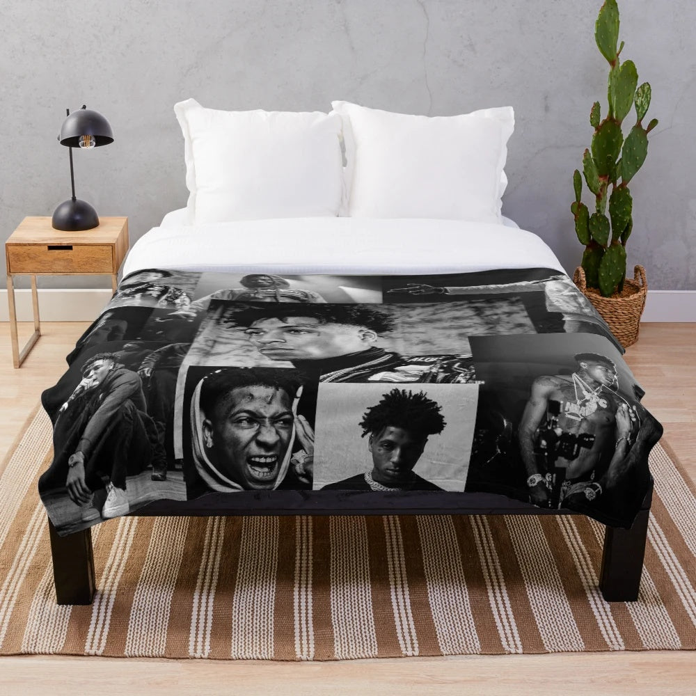 Youngboy inspired plush blanket featuring a black and white collage design