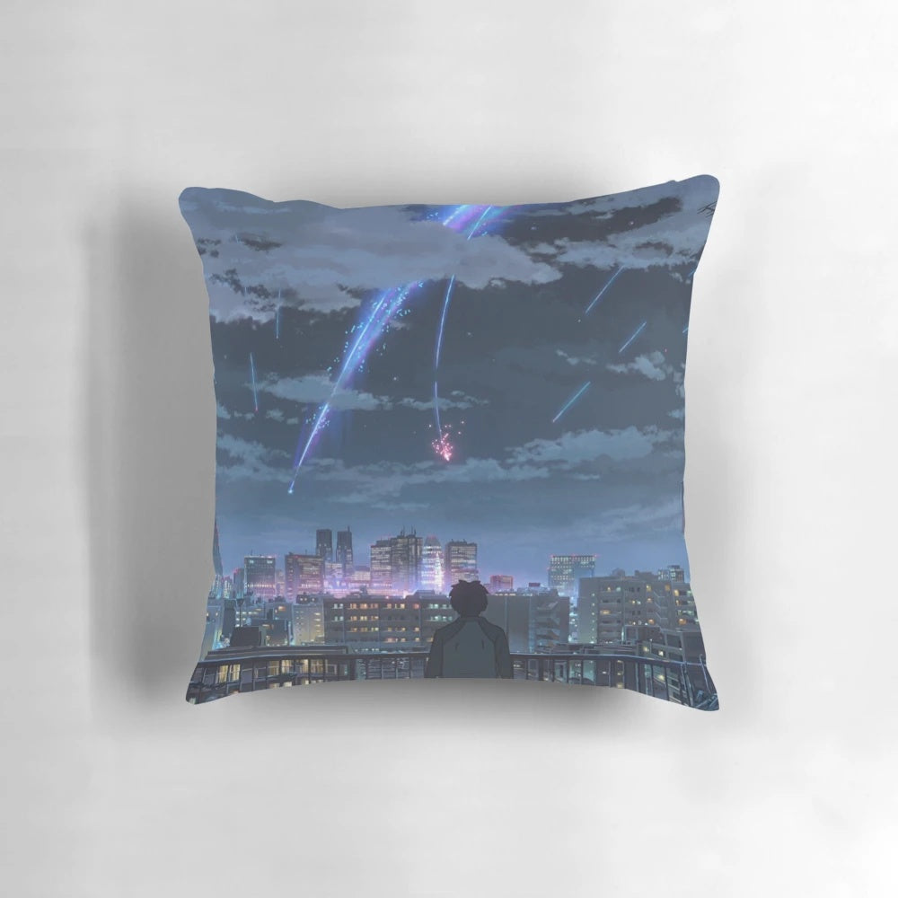 Taki and Mitsuha from the anime 'Your Name' (Kimi no Na wa) on a balcony pillow