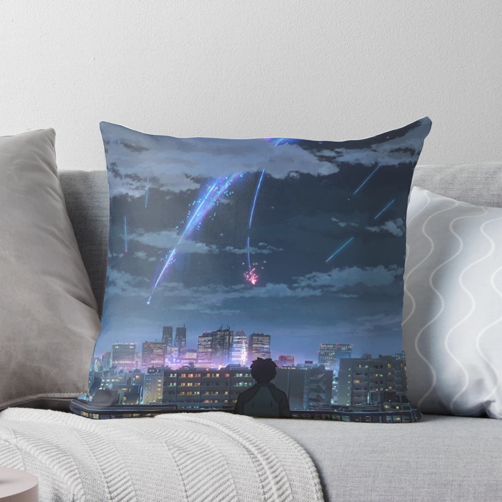 Taki and Mitsuha from the anime 'Your Name' (Kimi no Na wa) on a balcony pillow