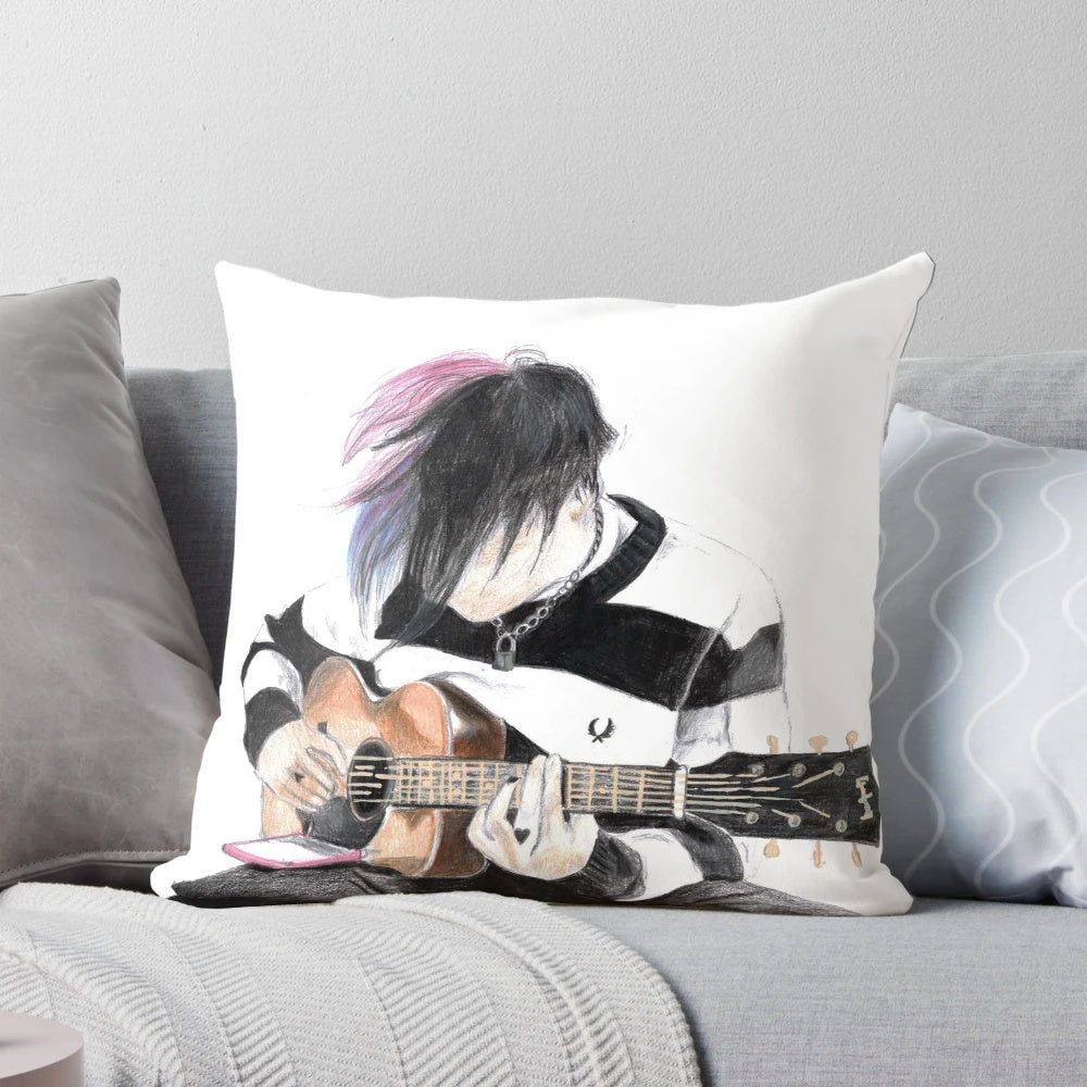 Decorative pillow featuring a guitar design inspired by the music artist Yungblud