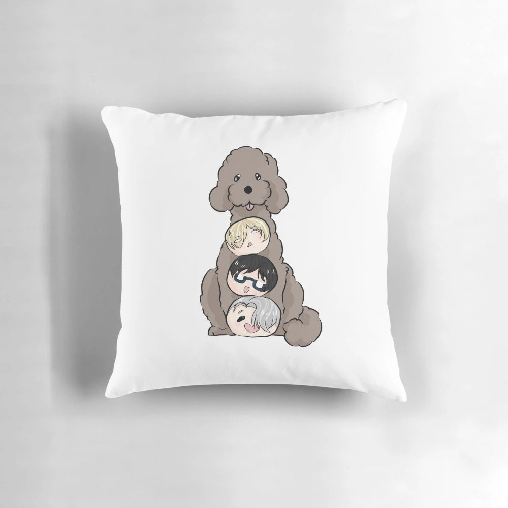 Yuri on Ice Makkapile Pillow featuring Makkachin, Yuuri Katsuki, and Viktor Nikiforov