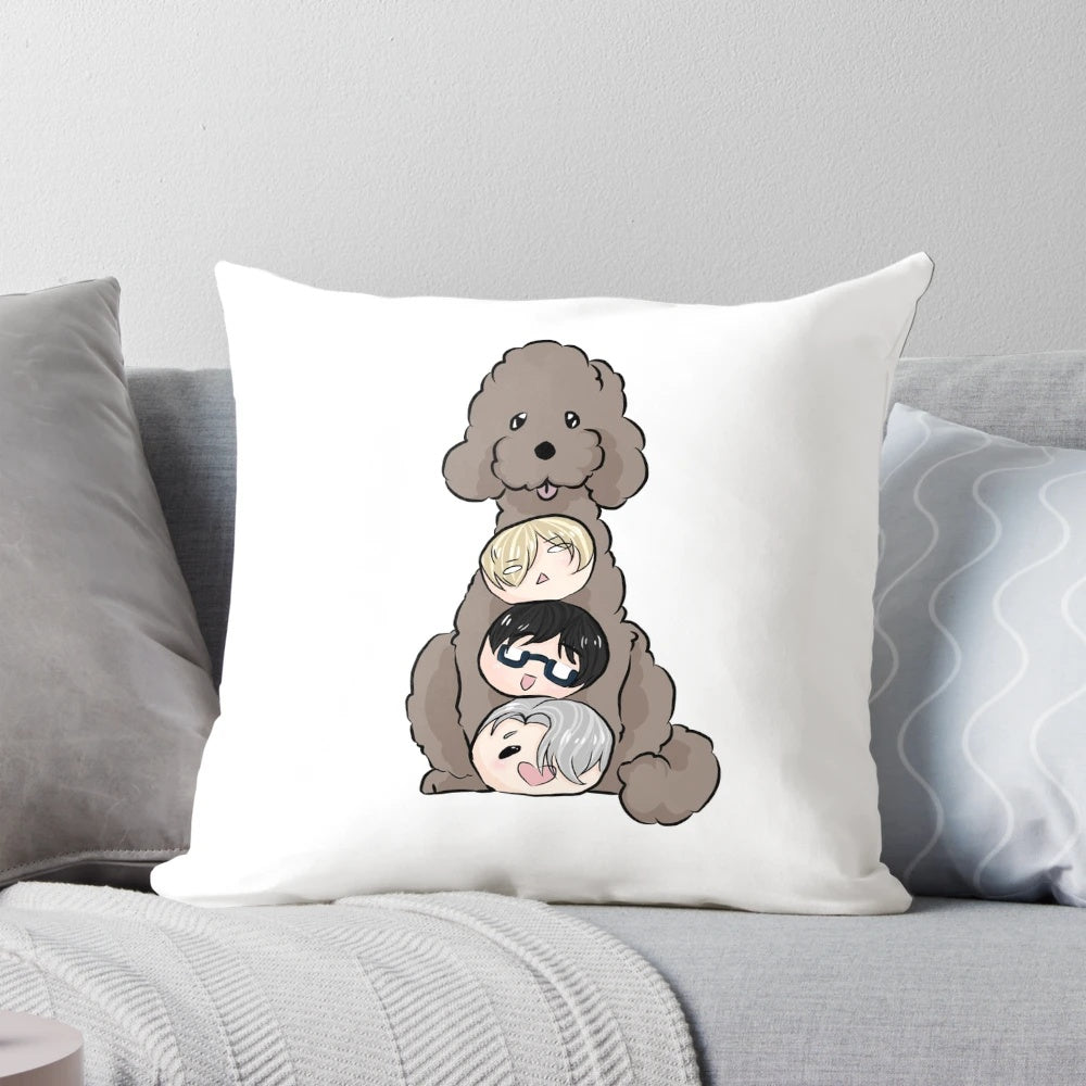 Yuri on Ice Makkapile Pillow featuring Makkachin, Yuuri Katsuki, and Viktor Nikiforov