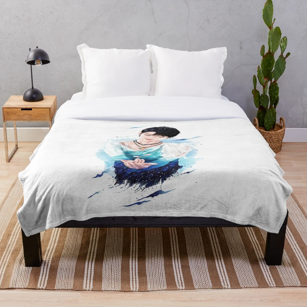 Yuzuru Hanyu plush blanket with chibby figure skating fanart design