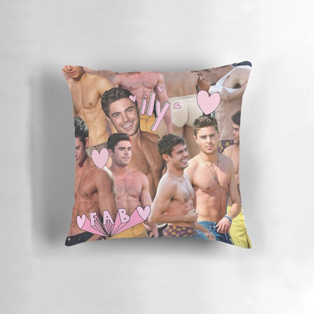 Zac Efron Collage Pillow - Unique home decor featuring a collage of Zac Efron's most popular photos.