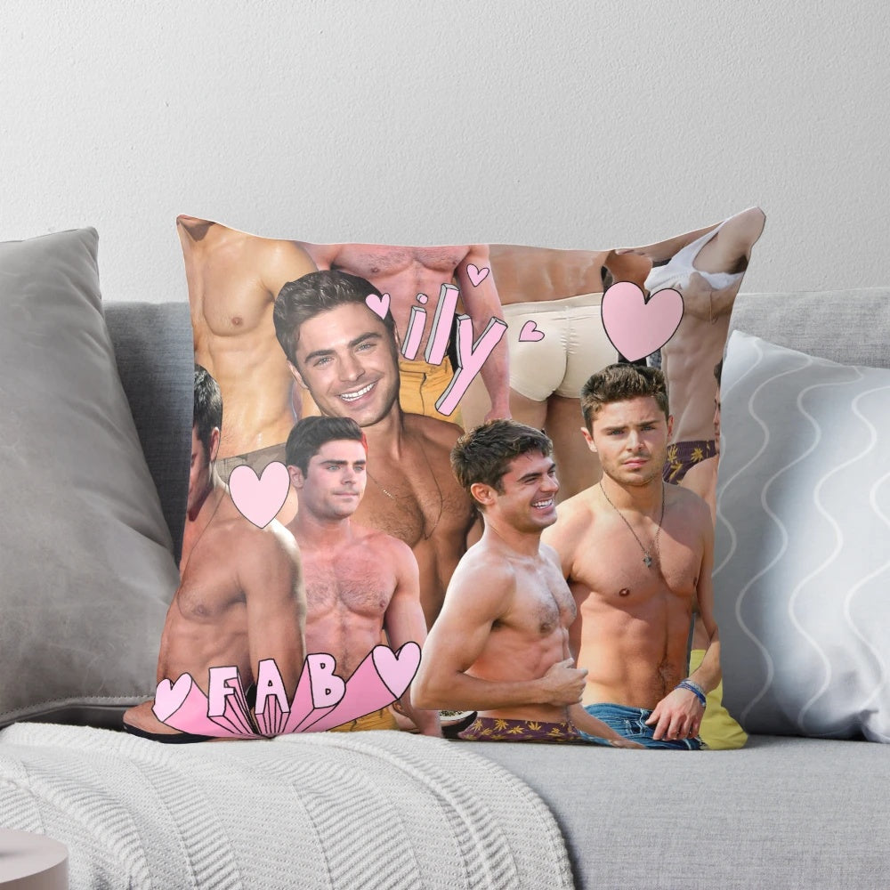 Zac Efron Collage Pillow - Unique home decor featuring a collage of Zac Efron's most popular photos.