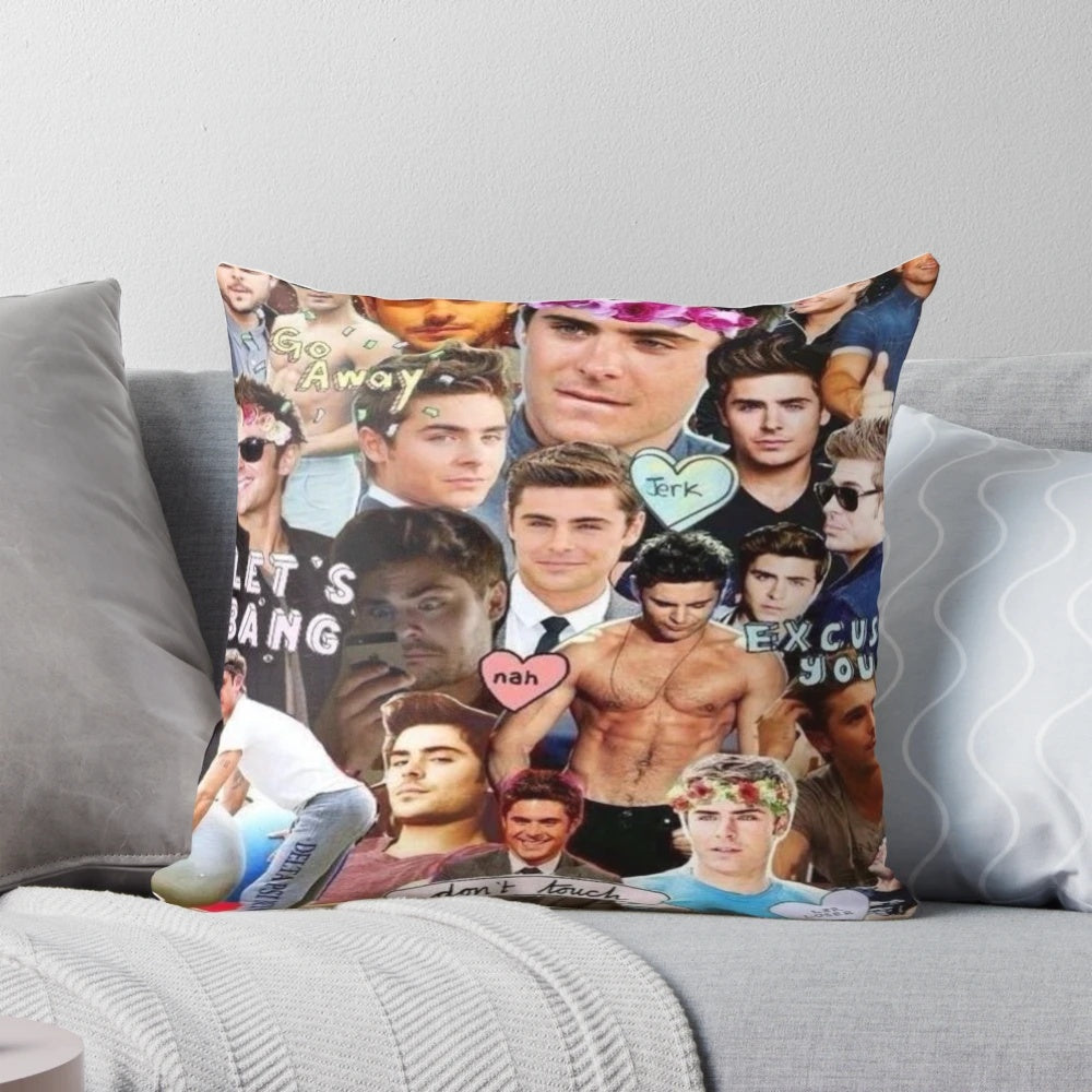 Decorative pillow featuring a collage of photos of actor Zac Efron