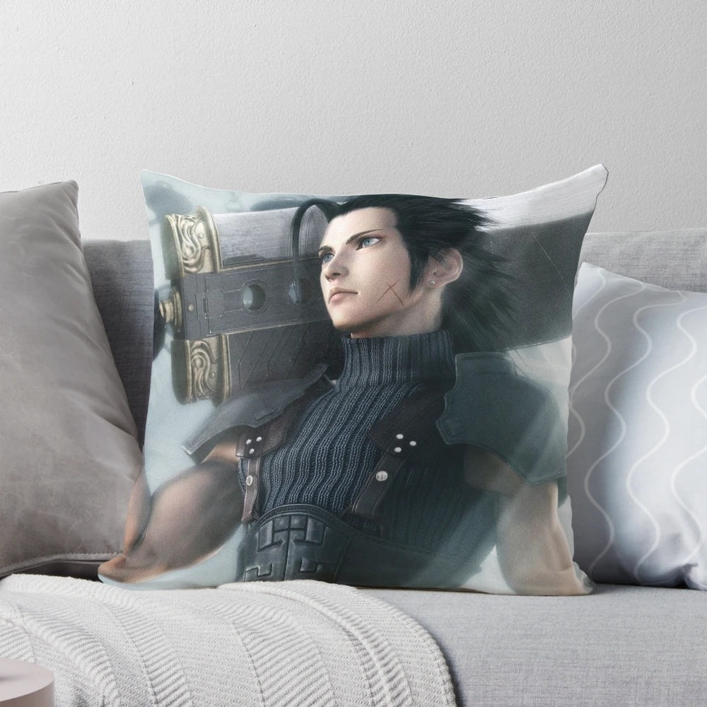 Soft, square plush pillow featuring the character Zack Fair from the Final Fantasy 7 video game series.