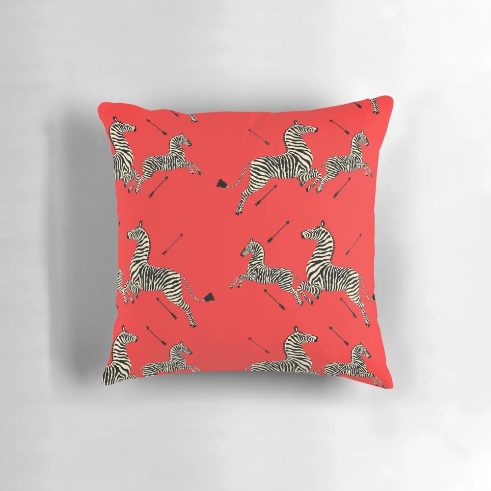 Zebra print pillow featuring a design inspired by the cult classic film 'The Royal Tenenbaums' by Wes Anderson.