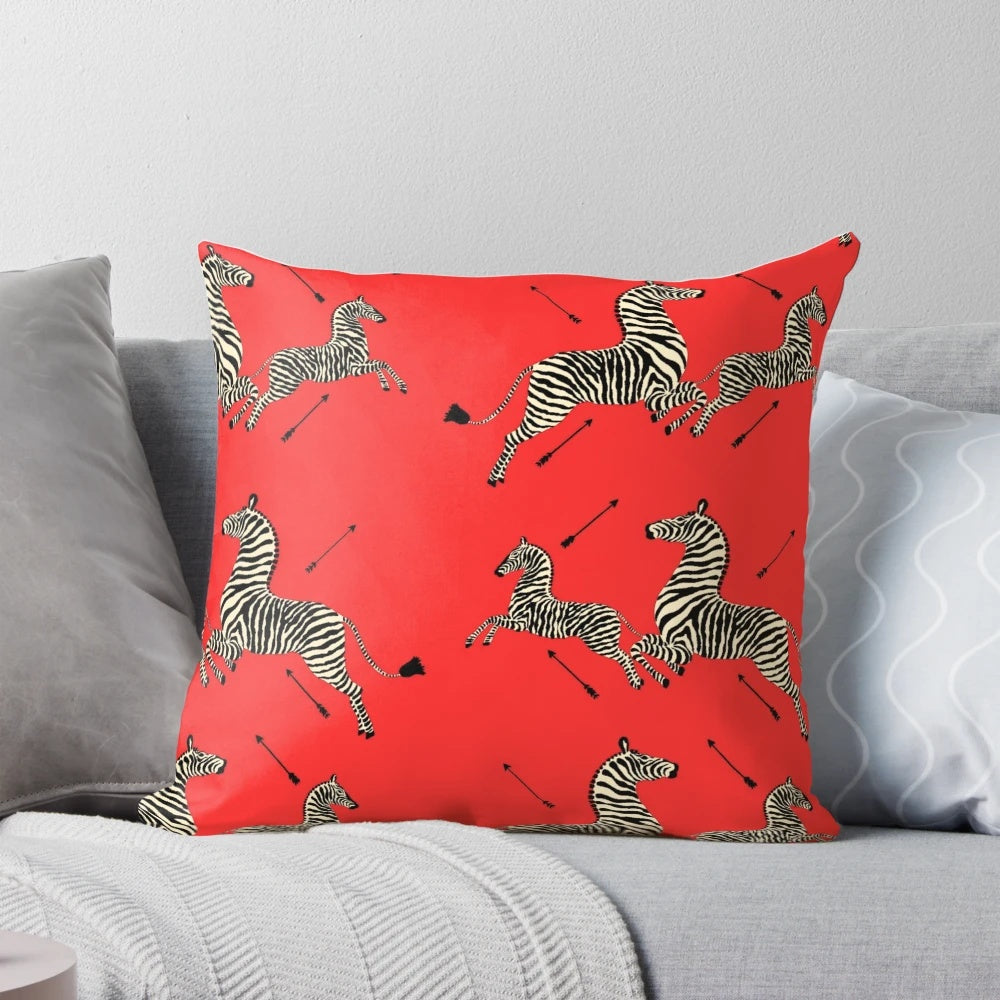 Zebra print pillow featuring a design inspired by the cult classic film 'The Royal Tenenbaums' by Wes Anderson.