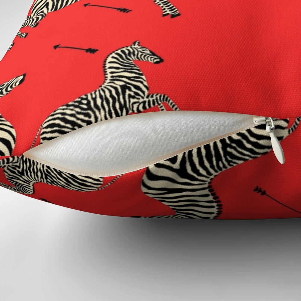 Zebra print pillow featuring a design inspired by the cult classic film 'The Royal Tenenbaums' by Wes Anderson.