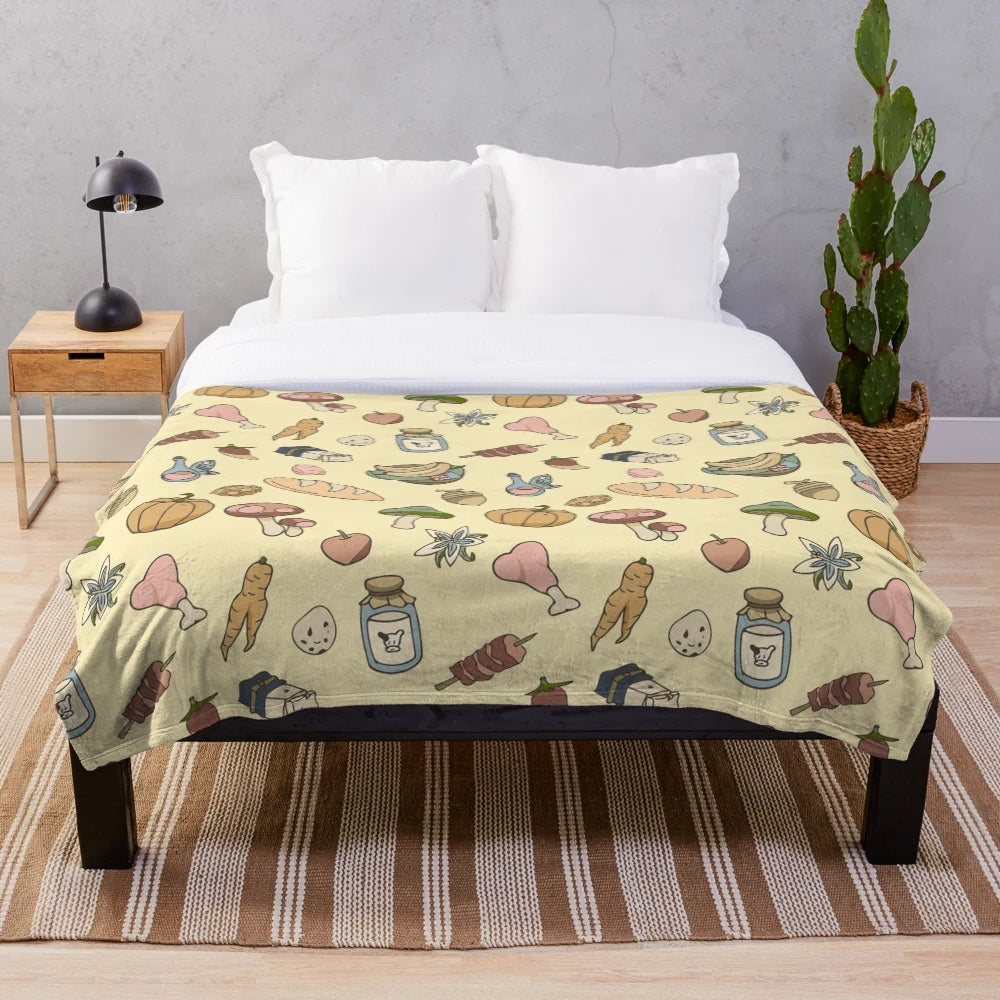 Zelda-inspired yellow plush blanket with Hylian symbols and characters