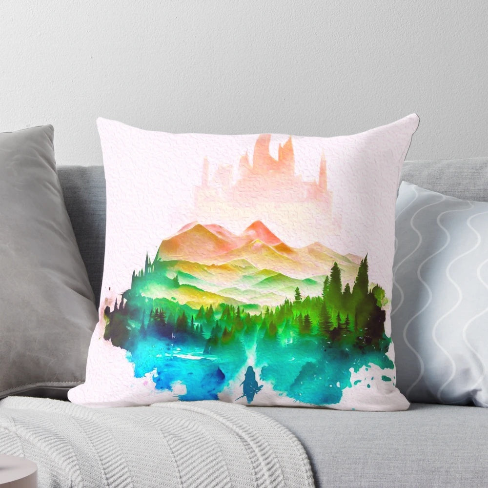 Decorative pillow featuring the Tears of the Kingdom logo and Zelda aesthetic