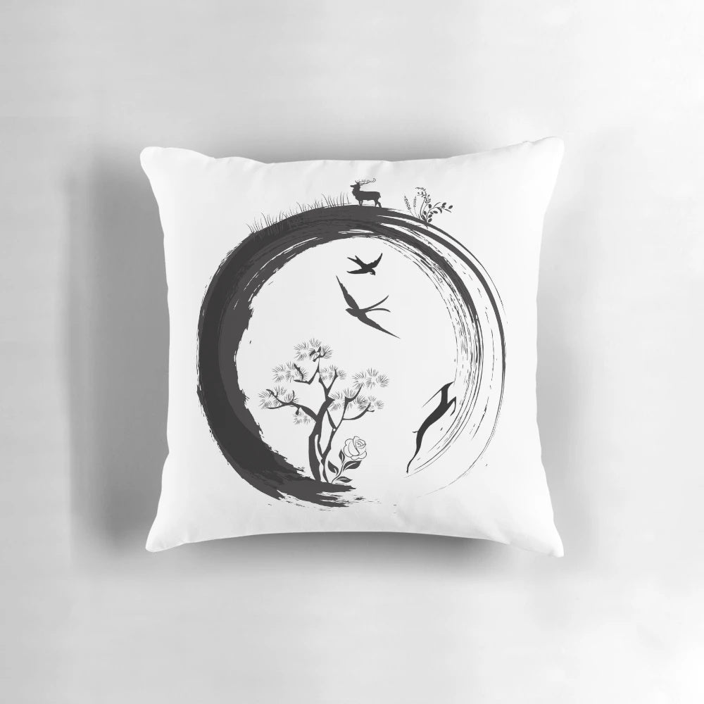 Pillow featuring a minimalist, zen-inspired enso circle design and a tree of life motif