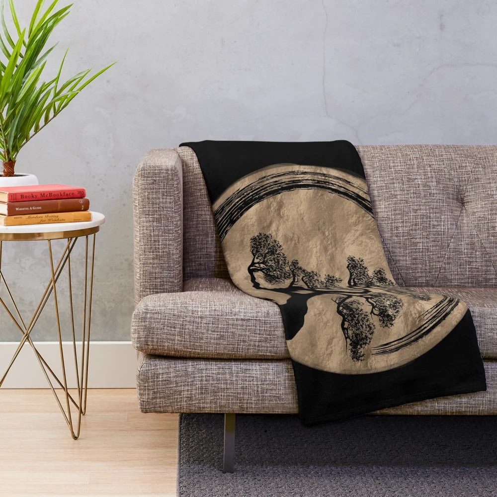 Zen Enso Circle and Bonsai Tree Gold Plush Blanket
