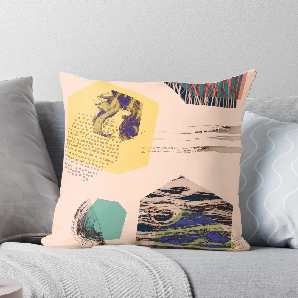 Zen-inspired decorative pillow with overlapping block shapes and textured design, perfect for Japanese-style home decor.