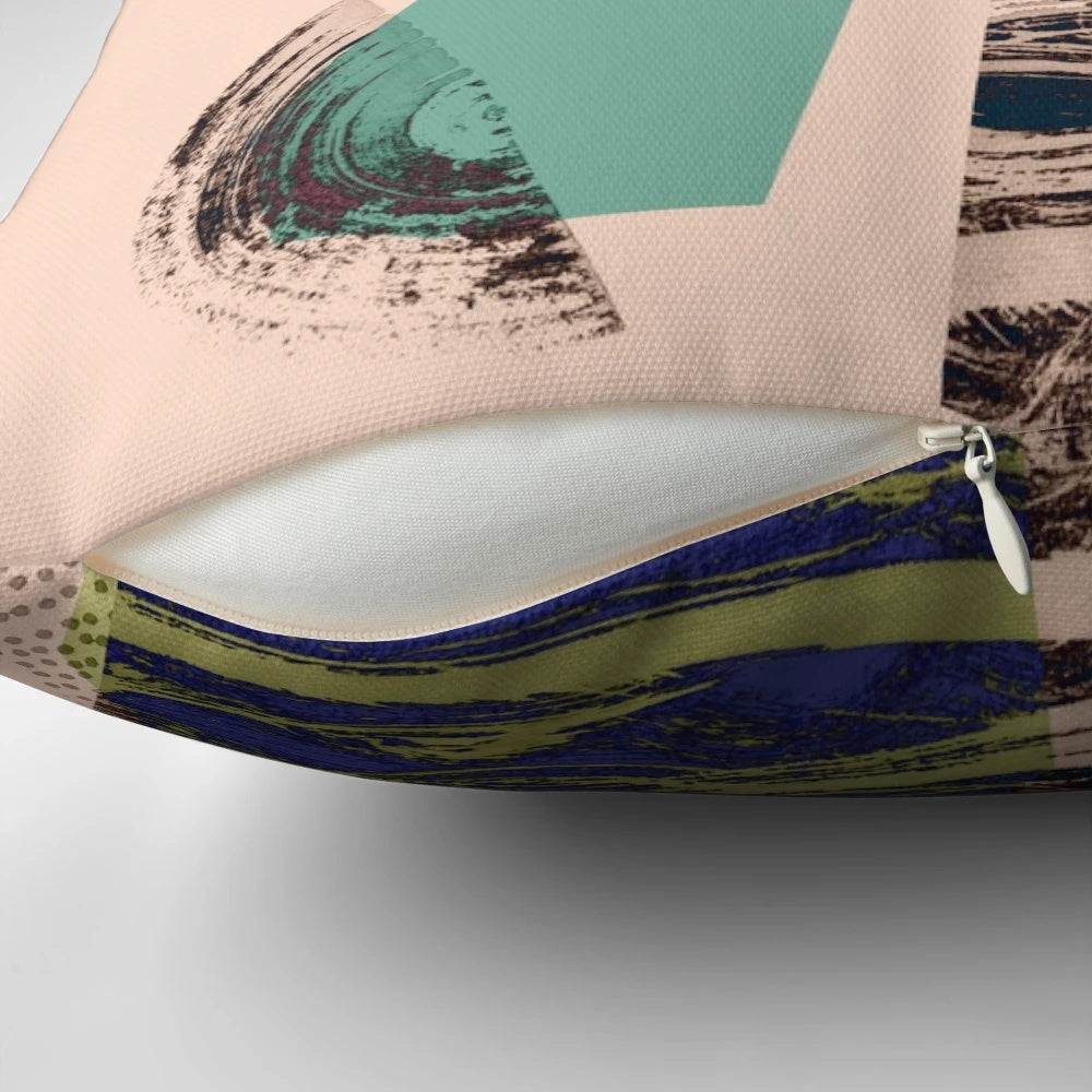 Zen-inspired decorative pillow with overlapping block shapes and textured design, perfect for Japanese-style home decor.